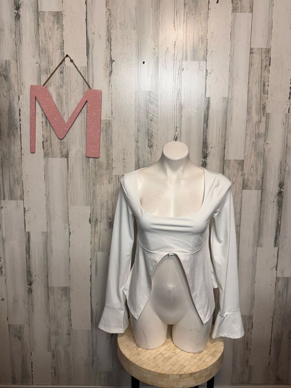 SHEIN Solid White Scoop Neck Split Hem Flute Sleeve Blouse Top Womens Medium